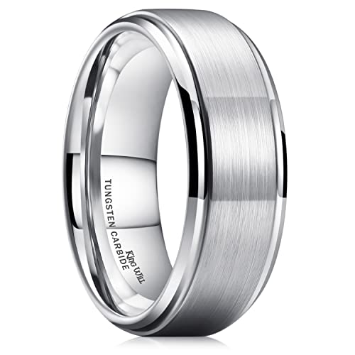 King Will BASIC Men's Tungsten Carbide Ring 8mm Polished Beveled Edge Matte Brushed Finish Center Wedding Band(9)