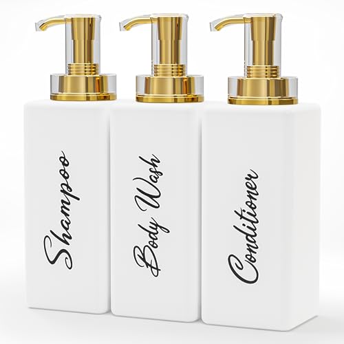 Akalin Refillable Shampoo and Conditioner Bottles, 16oz White and Gold Soap Dispenser Bathroom, Shampoo and Conditioner Dispenser for Bathroom Lotion Body Wash Massage Oils (White)