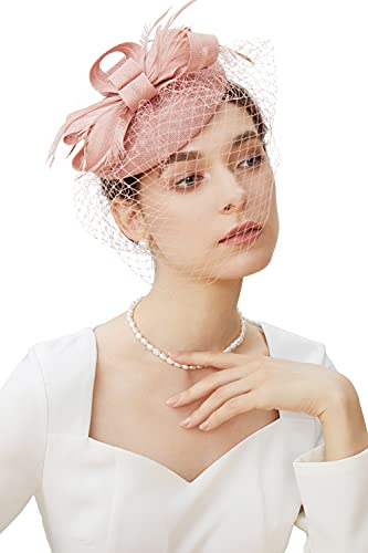 BABEYOND Fascinators Hat Veil Feather Hair Clip Tea Party Pillbox Derby Bridal Wedding Veil Nude Pink