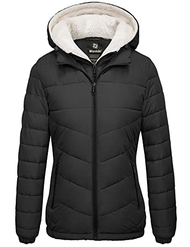 wantdo Women Windproof Winter Coats Hooded Lightweight Puffer Jacket Black Large