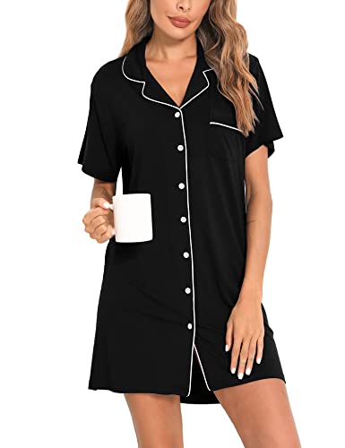 SWOMOG Women Pajama Nightgowns Button Down Sleepwear short Sleeve Sleep Dress Boyfriend Silk Nightshirt