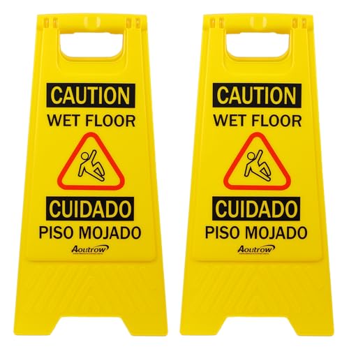 Aoutrow Caution Wet Floor Sign, （L:17.12in W:8.38in H:0.94in）2-Sided Foldable Safety Sign for Commercial Use, A Frame Caution Sign Bilingual Warning Signs, Yellow (yellow 2pack)
