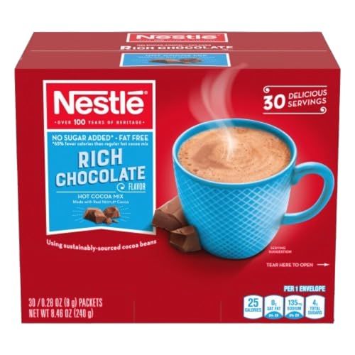 Nestle Hot Chocolate Packets, Hot Cocoa Mix, No Sugar Added and Fat Free, 30 Count (0.28 ounce Each)