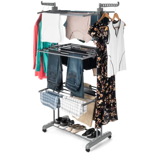 Luxe Laundry 4-Tier Clothes Drying Rack - Foldable & Collapsible Drying Rack - Free Standing Stainless Steel Laundry Drying Rack for Hangers, Garments, Towels and Clothing, Gray/Gray