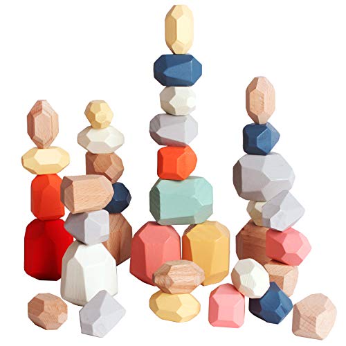 BESTAMTOY 36 PCS Wooden Sorting Stacking Rocks Stones,Sensory Toddler Toys Learning Montessori Toys, Building Blocks Game for Kids 1 2 3 4 5 6 Years Boy and Girl Birthday Gifts for Kids