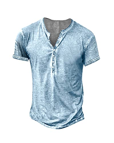 Mens Vintage T Shirts V Neck Short Sleeve Shirts Pure Cotton Henley Shirts Casual Button Down Washed Shirts