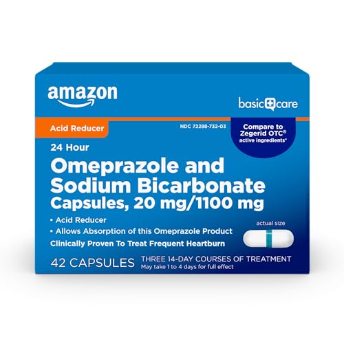 Amazon Basic Care Omeprazole and Sodium Bicarbonate Capsules, 20 mg/1100 mg, 24-Hour Frequent Heartburn Medicine, Acid Reducer Pills, 42 Count
