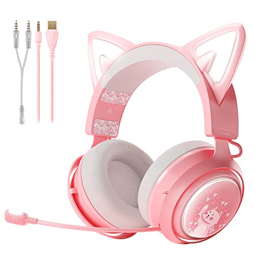 SOMIC GS510 Gaming Headset, Cat Ear Headset PC Gaming Headphones with Retractable Mic Noise Cancelling, Stereo Sound, DIY Face Covers for PC, PS4, PS5,Xbox One(Only White LED Light)-Pink