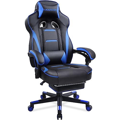 LUCKRACER Computer Gaming Chair with Legrest, Ergonomic Computer Chair with Footrest Gamer Chair PU Leather Swivel Lumbar Support Racing Style E-Sports Game Chairs by GTRACING (Blue)