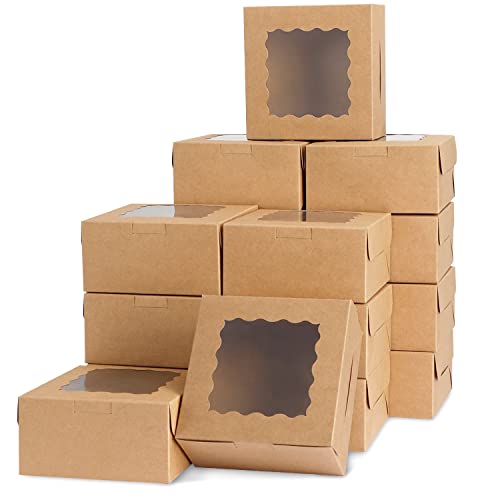 Moretoes 48pcs Cookies Boxes, 6x6x3 Inches Kraft Paper Bakery Boxes with Windows for Treat, Cookies, Pastry, Cupcakes, Pie, Donuts