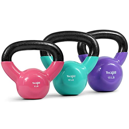 Yes4All Kettlebell Sets Vinyl Coated, Weights Set Great Kettlebells Combo for Full Body Workout and Strength Training Exercise Gym Equipment Multicolor, 5 10 15 lbs