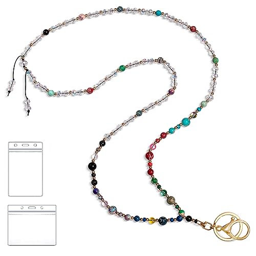 BettDecor Lanyard for ID Badges and Keys, Natural Stone Beaded Lanyards for Women and Teachers, Key and ID Necklace Lanyard for Office and Travel (colorful)