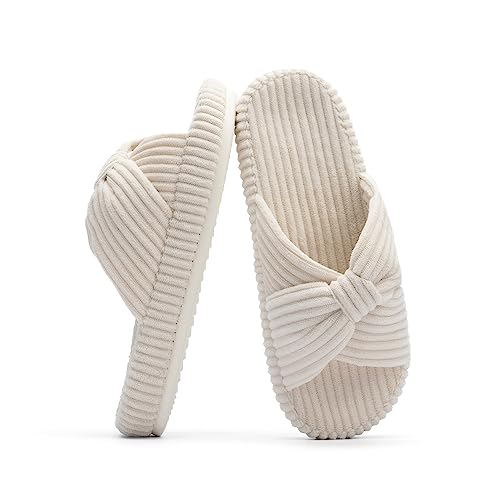 Chantomoo Slippers for Women Memory Foam House Bedroom Corduroy Bow Crossbands Slide Slipper Shoes Comfy Trendy Gift Slippers Beige Size7 8 6.5