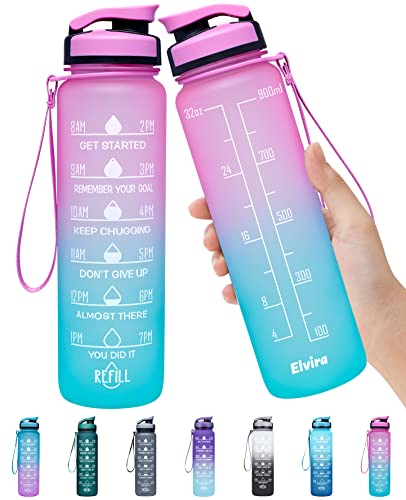 Elvira 32oz Large Water Bottle with Motivational Time Marker & Removable Strainer,Fast Flow BPA Free Non-Toxic for Fitness, Gym and Outdoor Sports-Light Pink/Green Gradient