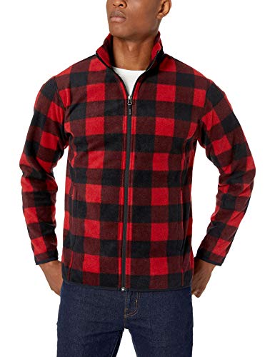 Amazon Essentials Men's Full-Zip Fleece Jacket (Available in Big & Tall), Black Red Buffalo Plaid, Medium