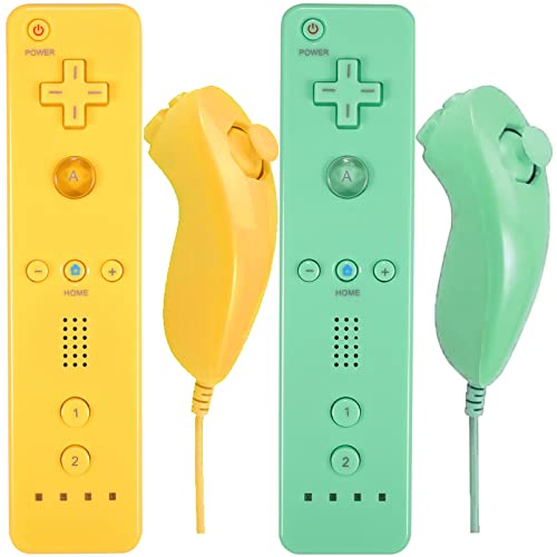 Arrocent Wii Controller and Nunchuck Wireless, Remote Controller Compatible for Wii Wii U Console, with Silicone Case and Wrist Strap – Yellow and Green