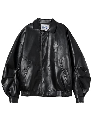 Aelfric Eden Mens Faux Leather Varsity Jacket Vintage Racing Leather Jackets Oversized Unisex Streetwear Jacket Black