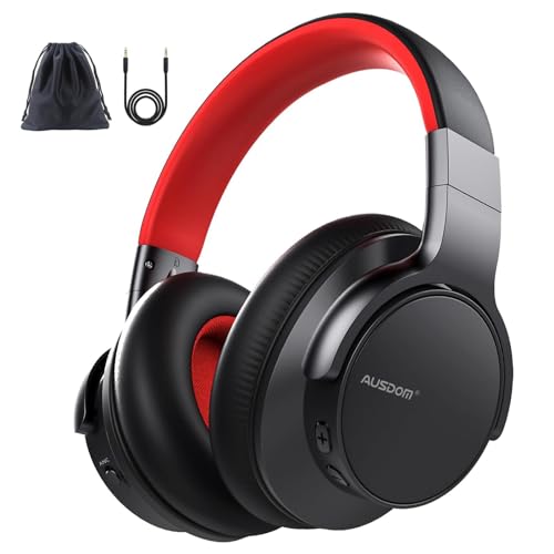 AUSDOM Bluetooth Noise Cancelling Headphones: E7 Wireless Over Ear ANC Headphones, 50H Playtime, Hi-Fi Stereo Audio, Deep Bass, Memory Foam Ear Cups for Home Office Travel, Black Red