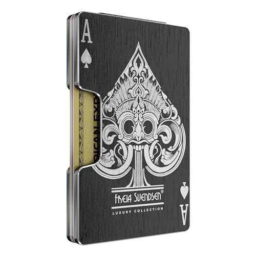 Freja Svendsen Minimalist Wallet for Men - RFID Blocking, Slim Wallets with 2 Interchangeable Money Clips - Thin Aluminum Credit Card Holder - Laser Engraved Finished (Ace of Spades)