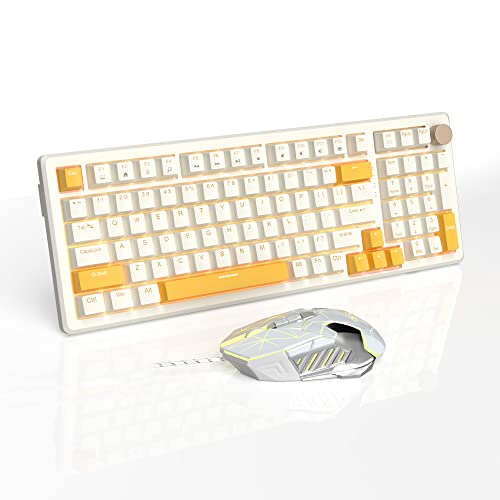 Mechanical Gaming Keyboard and Mouse, MageGee STAR98 Yellow LED Backlit Wired Gaming Keyboard with Yellow Switches, 7-Color Breathing PC Gaming Mouse for Computer, Windows, Laptop (White)