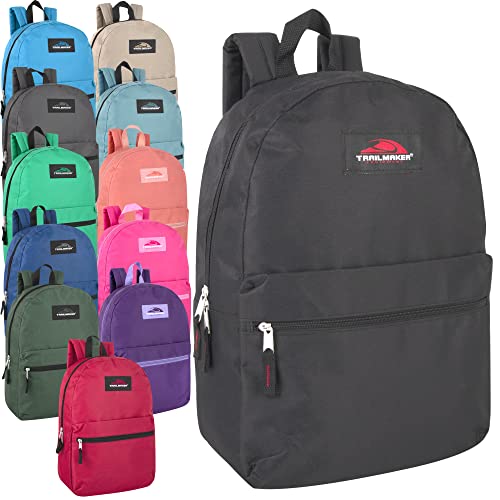 Trail maker 24 Pack Classic Backpacks in Bulk Wholesale Back Packs for Boys and Girls (Assorted 12 Color Pack)