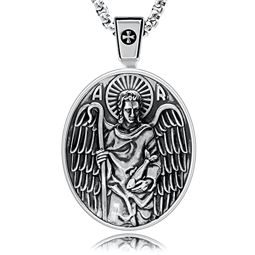 VENICEBEE Archangel St. Raphael Saint Medal Healing Angel Protection Sacramental Christian Amulet Unique Solid 925 Sterling Silver Pendant Necklace + Velvet Pouch, Polishing Cloth, Gift Box