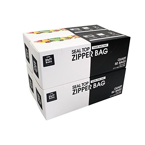 24/7 Bags | Double Zipper Seal Storage Bags, Quart Size, 200 Count (4 Packs of 50) Easy Open Tabs, BPA-Free