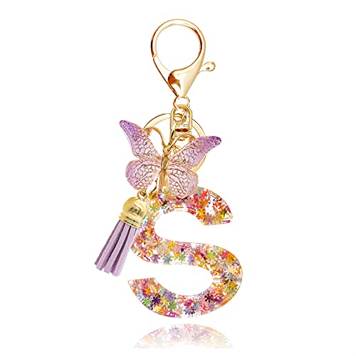 OKAICEN Fashion Snowflakes Alphabet Initial Letter Keychain Purple Tassel Butterfly Pendant Key Ring for Purse Handbags Women Girl ('S')