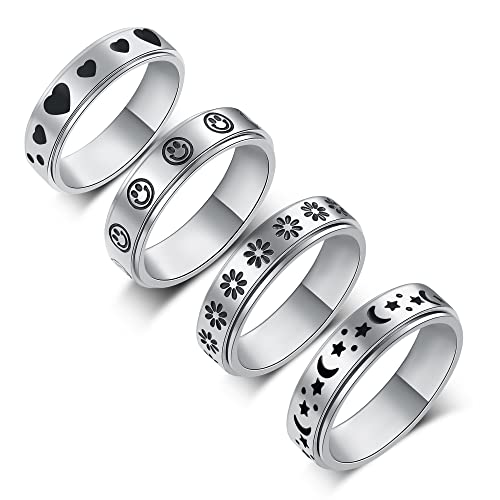 LuckyAmor Spinner Ring, Fidget Anxiety Ring Stainless Steel Moon Star Ring for Women Men Size 6-10…, 7 UK, Non-Precious Metal, No Gemstone