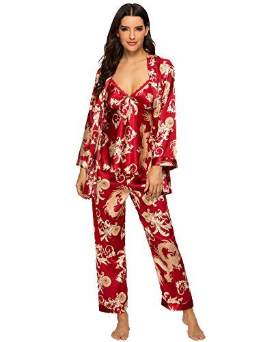 Escalier Women's Silk Satin Pajamas Set 3 Pcs Floral Silky Pj Sets Sleepwear Cami Nightwear with Robe and Pants Wine 2XL