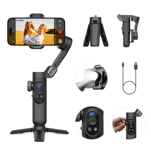 AOCHUAN Gimbal Stabilizer for Smartphone, Gimbal w/Wireless Charging iPhone Gimbal for iPhone 15 Pro Max/Android Foldable 3-Axis Handheld Phone Gimbal for Video Recording Face Tracking-Smart X Pro