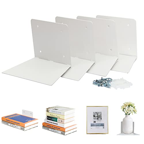 STORAGE MANIAC Invisible Floating Bookshelves Wall Mounted, Heavy-Duty Book Organizers, Iron Wall Mounted Shelves for Bedroom, White 4-Pack Large