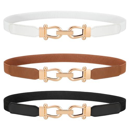 WERFORU 3 Pack Women Ladies Skinny Elastic Waist Belt Gold Buckle Stretchy Thin Belt for Dress Jeans,Black+Brown+White,Fit waist size 32-39 Inches