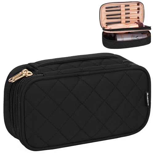 Relavel Small Makeup Bag, Travel Makeup Bag, Cosmetic Bag for Women, 2 Layer Travel Makeup Organizer, Black Make Up Pouch for Daily Use, Makeup Brush Holder, Waterproof Nylon, Durable Zipper (Black)