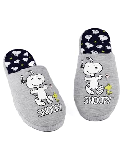 PEANUTS Snoopy Womens Slippers in Grey Marl | Ladies Snoopy & Woodstock Cartoon Footwear | Slip On House Shoes Nightwear