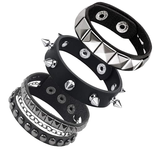 Ulekuke 3 Pcs Punk Rock Studded Bracelet Set Spiked Leather Cuff Bracelet for Men Women 80s Wristband Emo Bracelet Adjustable(BK-Q)