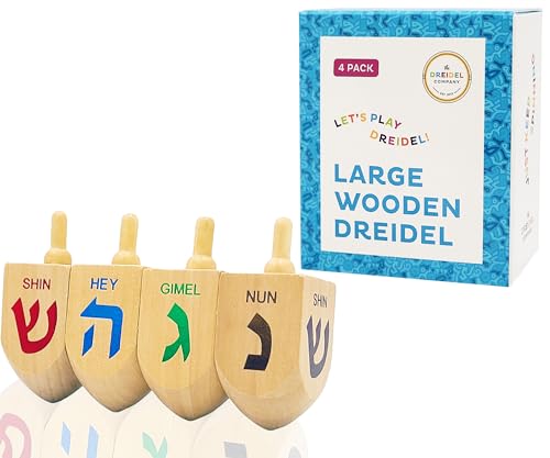 The Dreidel Company Hanukkah Dreidel 4 Extra Large Wooden Dreidels Hand Painted - Includes Game Instruction Cards- (4-Pack XL Dreidels)