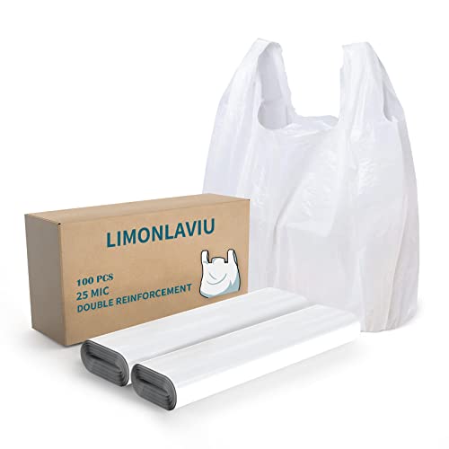 LimonLaviu Plastic Bags, (25 mic) (11.5”x 6.5' x 21”)(100Pack) Plastic Bags with Handles Plastic Shopping Bags for Small Business Plastic Grocery Bags T Shirt Bags Restaurants Bags in Bulk