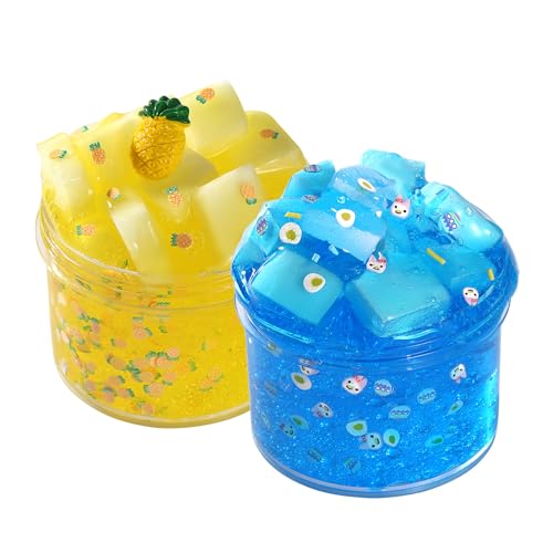 2 Packs Jelly Cube Crunchy Slime Kit,Non Sticky,Super Soft Sludge Toy,Birthday Gifts for Kids,DIY Crystal Glue Boba Slime Party Favor for Girls & Boys(Blue,Yellow)