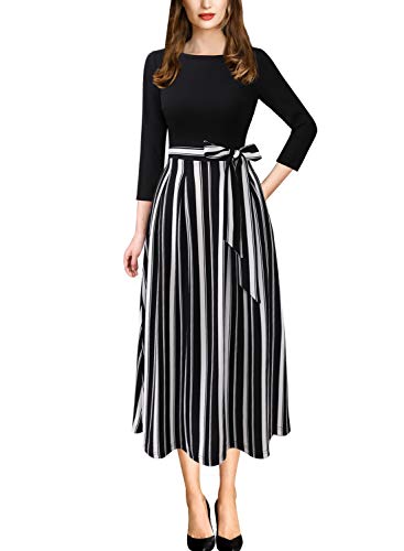 VFSHOW Womens Black and White Striped Print Spring Fall Elegant Patchwork Pockets Work Business Office Casual Party A-Line Midi Dress 3733 STP BLK XL