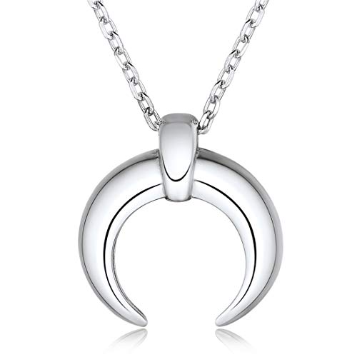Crescent Moon Pendant Necklace 925 Sterling Silver Simple Double Horn Necklace Bohemia Delicate Jewelry for Women, 18''