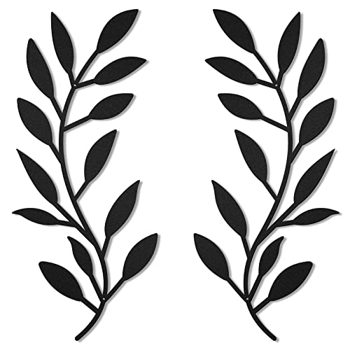 2 Pieces Metal Tree Leaf Wall Decor Vine Olive Branch Leaf Wall Art Wrought Iron Scroll Above The Bed, Living Room, Outdoor Decoration (Black)
