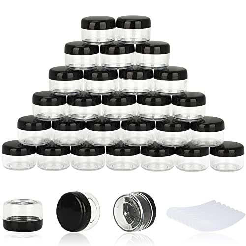 100PCS 5 Gram Sample Containers, 5ml Empty Jars with Lids, Small Cosmetic Containers, Mini Sample Jars with 8PCS Mini Spatulas for Make Up, Oils, Lotion, Powder, Paint, Jewelry, Lip Balms(Black Lid)