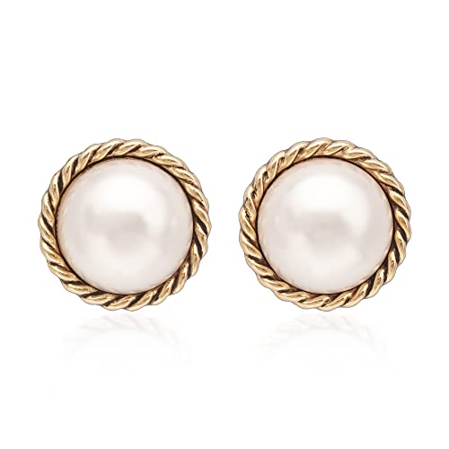 Mierfyni Pearl Stud Earrings, Gold Pearl Earrings Studs, Faux Pearl Earrings for Women Gold Plated 18K, Big Gold Stud Earrings Mabe Pearl Button with Gold Twist Trim