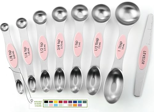 Spring Chef Magnetic Measuring Spoons Set, Dual Sided, Stainless Steel, Fits in Spice Jars, Pink Lemonade, Set of 8