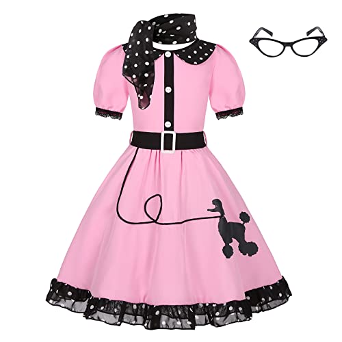Simplecc 50s Costumes for Girls 1950s Pink Poodle Cutie Costumes with Eye Glasses and Scarf for Kids (4-6 Years)