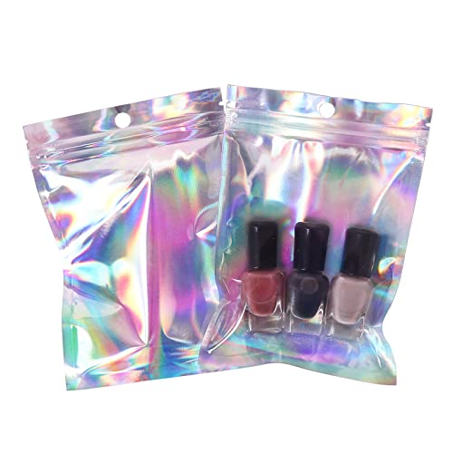 100pcs Resealable Holographic Mylar Bags 4x6 inch, Foil Zip Lock Sample Pouch Gift Baggies for Packaging Candy Jewelry Lash Lip Gloss