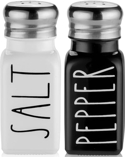 Salt and Pepper Shakers Set by Brighter Barns - Cute Modern Farmhouse Kitchen Decor for Home Restaurants Wedding - Gorgeous Vintage Glass Black White Shaker Sets with Stainless Steel Lids