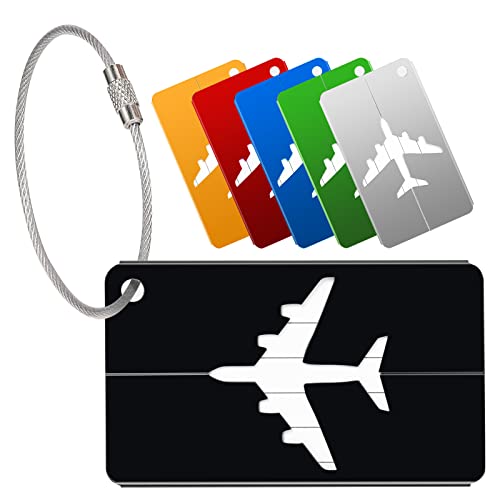Yizhet Luggage Tags, 6 Pack Aluminium Alloy Suitcase Tag, 6 Colors Travel Labels Set with Steel Loop and ID Luggage Tags for Suitcases(BlackA, Green, Blue, Silver, Gold, Red)
