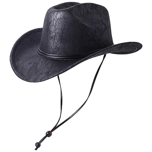 Lanzom Women Men Leather Western Hat Cowboy Hat Cowgirl hat Wide Brim Hat with Lanyard (B-Black, One Size)